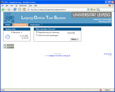 screenshot of the LOTS registration form
